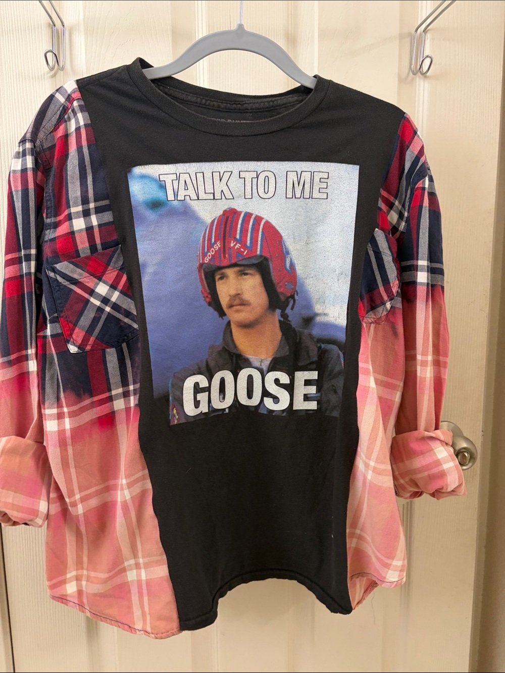Talk To Me Goose Graphic Plaid Sleeve Tee